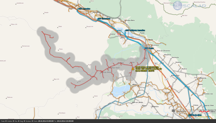 Korelirani izpad RTP Moste - izvod Gorje 9.9.2014 ob 17:20:26 s prikazom položaja udara pripadajoče strele